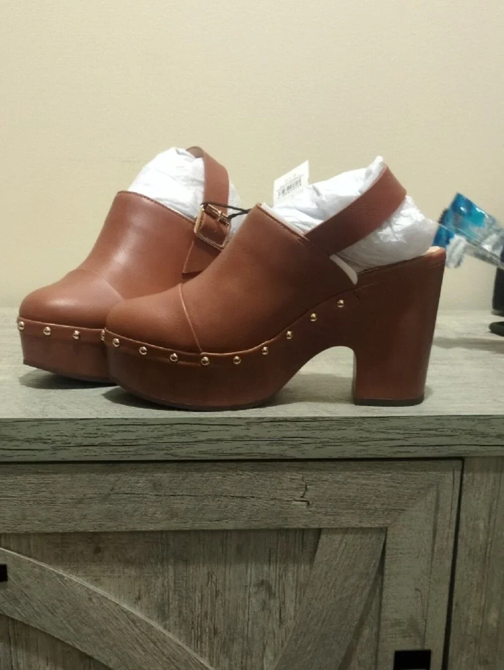LOFT Tan Brown Studded Platform Clog Heels